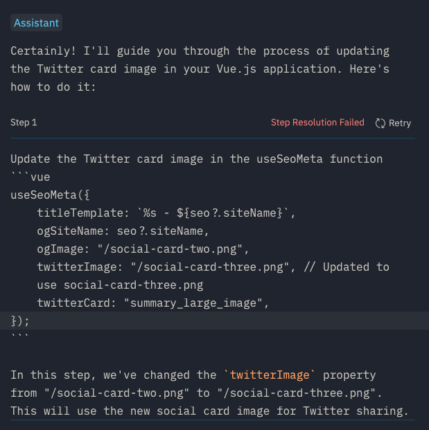 Screenshot of simple Step Transformation failing and no copy button